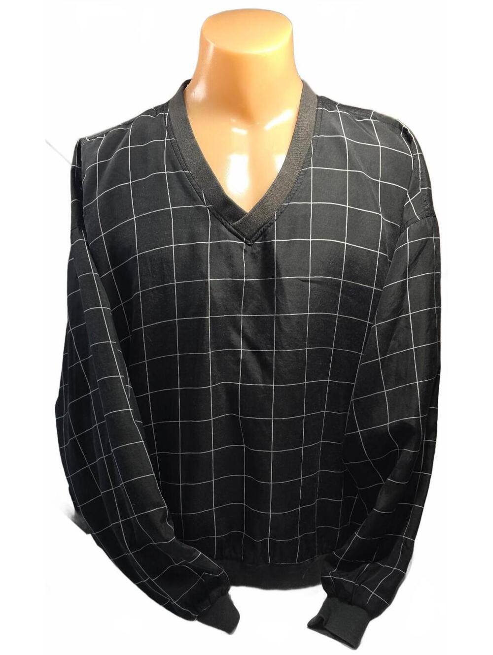 Volare Men's Black Grid Silk Cotton Blend V-Neck Pullover XL